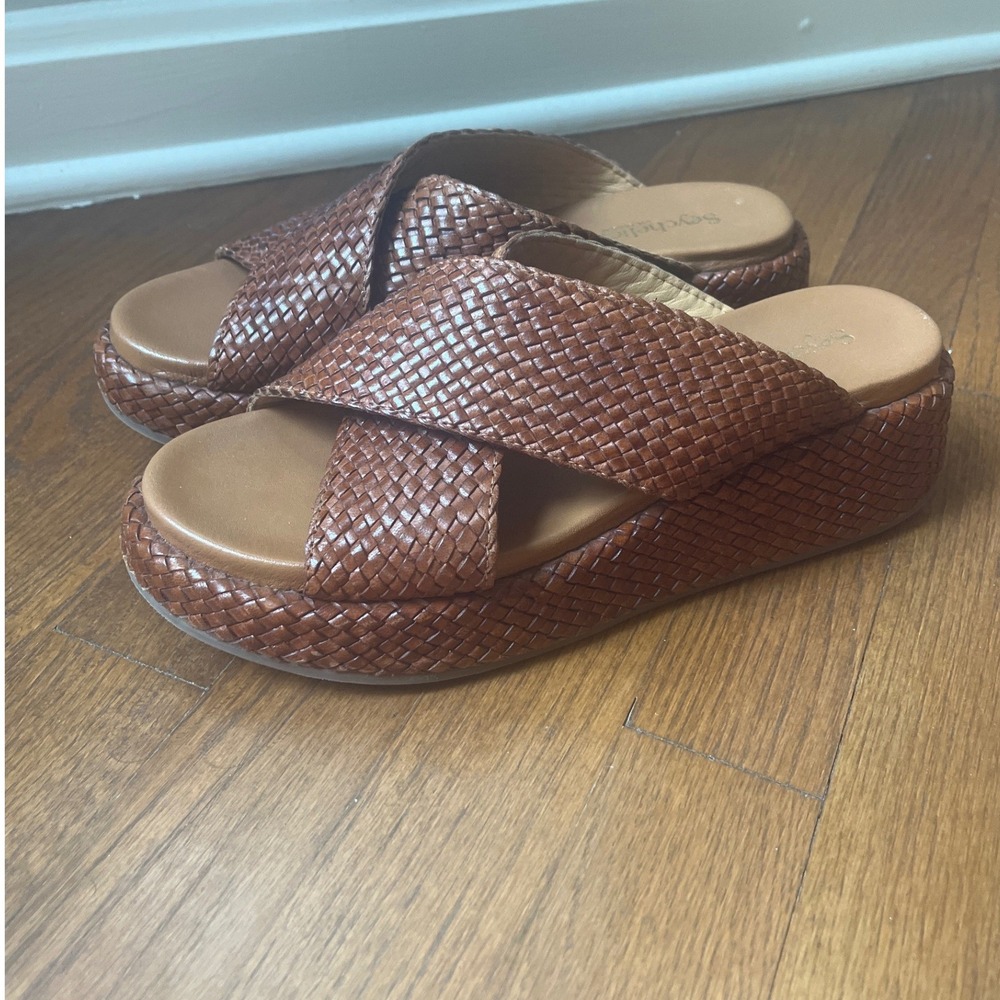Seychelles Key West Woven Platform Sandals 8.5‎ Brown Leather Crisscross Design